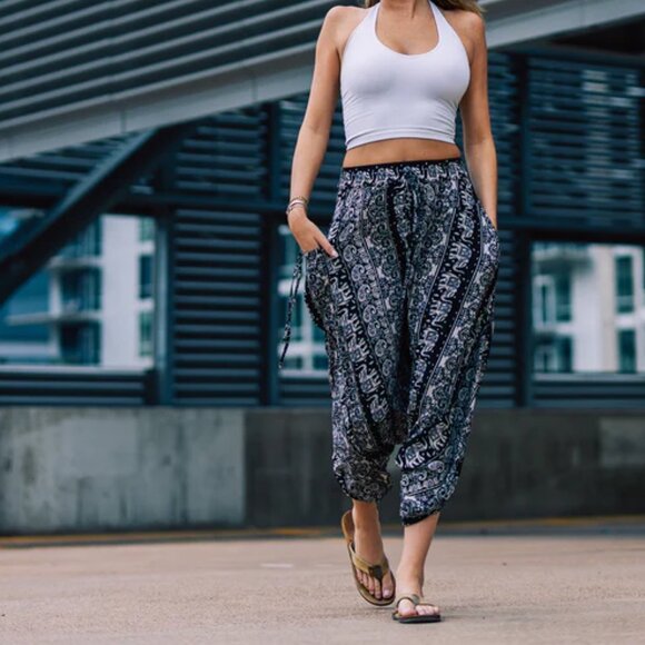 Buddha Pants Womens Elastic Drawstring Boho Hippie Lotus O.G. Harem Pants Black - Picture 13 of 16